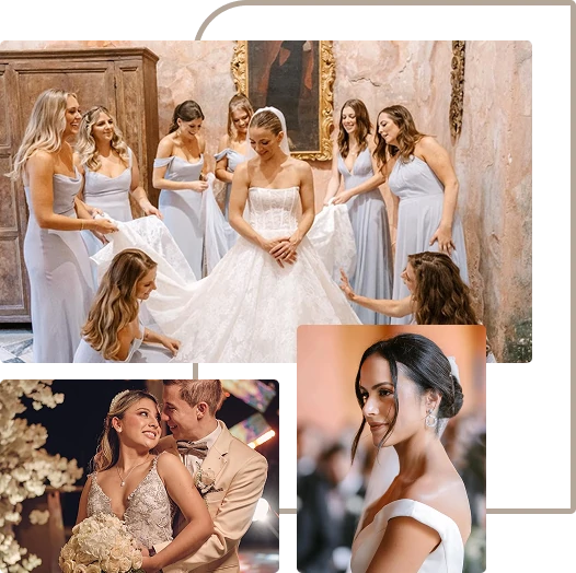 Collage de novias en diferentes momentos de su boda con damas de honor y pareja